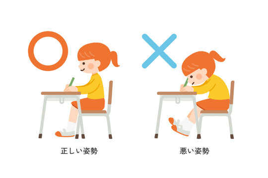 子供の良い姿勢と悪い姿勢のイラスト素材