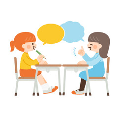 机をくっつけて話をする子供たちのイラスト素材