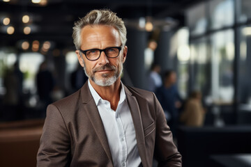 Fototapeta premium Senior entrepreneur strategizing in modern office background with empty space for text 
