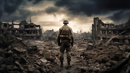 Epic back view of WW2 soldier on the battlefield in a destroyed European town. World War II. - obrazy, fototapety, plakaty