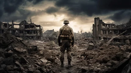 Poster Epic back view of WW2 soldier on the battlefield in a destroyed European town. World War II. © BOMB8
