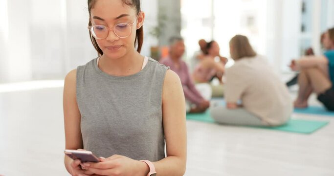Cellphone, meditation and woman with smart watch, yoga and exercise with fitness, health and relax. Person, chakra and girl with wellness, mobile user and peace with progress, challenge and internet