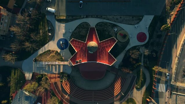 Cenital view the Three Wise Men House in Ibi Alicante (Spain) drone at sunset