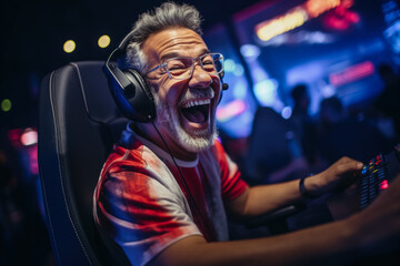 Mature gamers enthusiastically competing in a spirited e-sports tournament  - obrazy, fototapety, plakaty