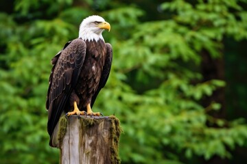 Obraz premium eagle perched on a national boundary post in a forest