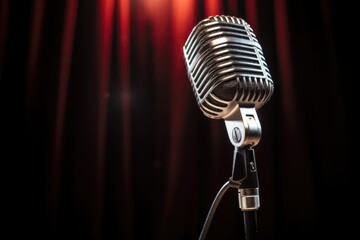 close-up of a single lit stage microphone against a dark background