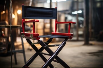film camera focused on an empty directors chair - obrazy, fototapety, plakaty