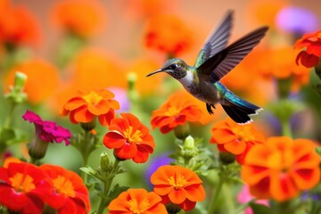 Fototapeta premium hummingbird hovering over brightly colored flowers