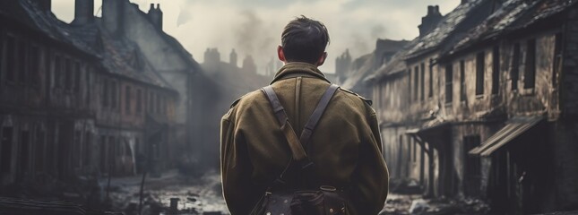 Epic back view of WW2 soldier on the battlefield in a destroyed European town. World War II.