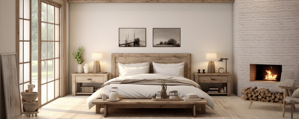 Modern loft style bedroom. Rooms with wooden floors decorate with fabric bed.