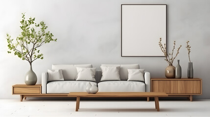 Wooden coffee table between sofa and tv. Scandinavian minimalist home interior design of modern living room