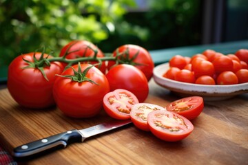close-up of homegrown tomatoes on a table with a knife