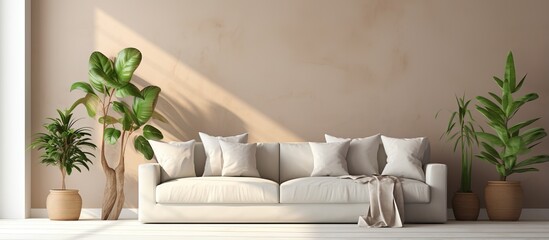 illustration of a contemporary interior with a sofa pillows plants pots and curtains - obrazy, fototapety, plakaty