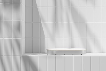 grey platform with white top on white tiles in a sunny bathroom. 3D rendering