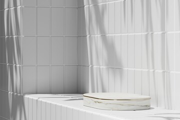 White marble platform with white top on white tiles in a sunny bathroom. 3D rendering