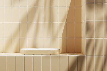 Beige platform with white top on beige tiles in a sunny bathroom. 3D rendering