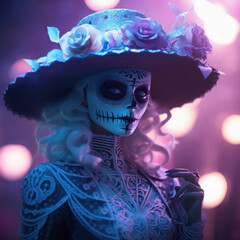  femme maquillée et déguisée pour le festival des morts au Mexique le 2 novembre avec des colliers et des roses dans les cheveux