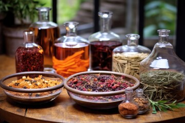 botanicals prepared for distillation in a bowl with a distillery backdrop