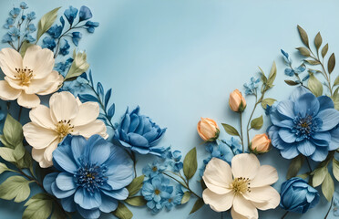 blue flowers border banner for stationary, greetings, floral decoration
