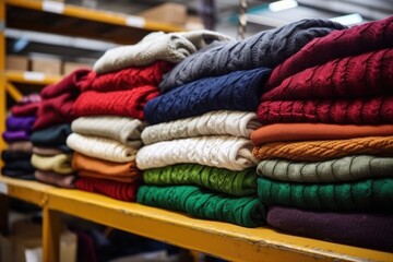 stack of finished sweaters on a warehouse shelf - obrazy, fototapety, plakaty