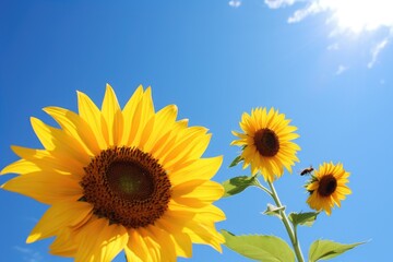 Fototapeta premium trio of bees hovering over a sunflower