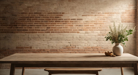 Rustic brick wall with wooden table and flower in vase
