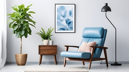 Wooden recliner chair with blue leather cushion near cabinet and side table against white wall with poster frame. Scandinavian or mid-century interior design of modern living room