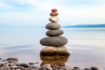 Fototapeta na wymiar three rocks balancing in a stack by a seashore