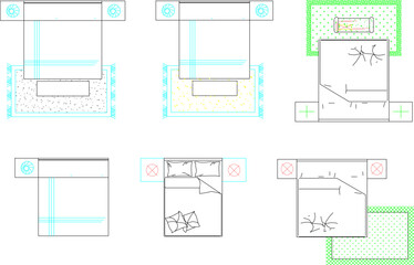 vector illustration of a detailed sketch of the interior of a bedroom with a top view of the mattress