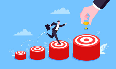 Businessman runs and jumps from small target goal to reach bigger target goal achievement flat style design vector illustration. Career growth and ladder of success path objective business concept.
