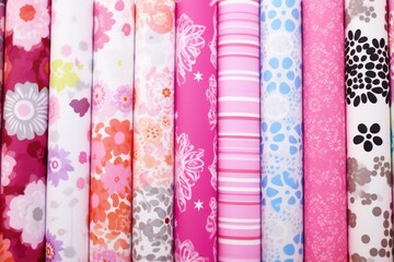 close-up of printed patterns on scrapbooking paper rolls