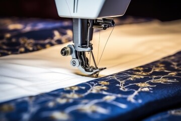 detail shot of sewing machine needle stitching fabric