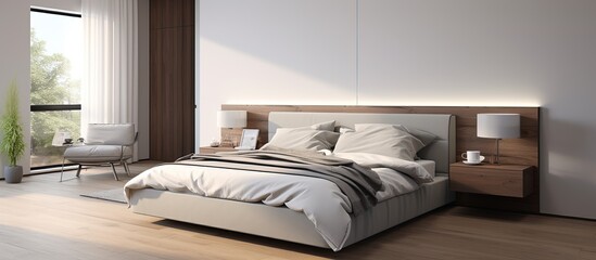 A modern house bedroom featuring a white double bed