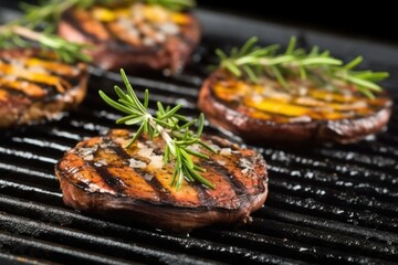 close-up of grilled portobellos with fresh thyme on a black slate - obrazy, fototapety, plakaty
