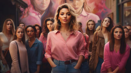 young woman, girl in pink clothes among many women, fight for rights, feminism, feminine, women's power, holiday, equality, diversity, strength, femininity, rally, meeting, March 8, sister, friend