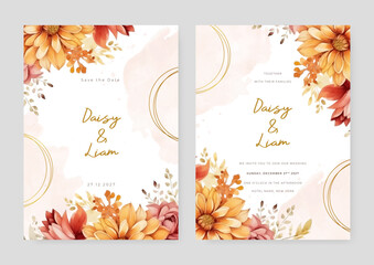 Red and orange dahlia modern wedding invitation template with floral and flower