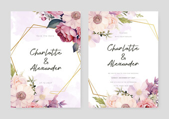 Beige and purple violet magnolia and rose floral wedding invitation card template set with flowers frame decoration