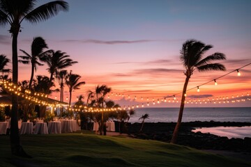 sunset view of wedding venue near ocean with string lights