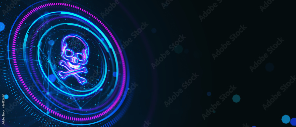 Poster Creative digital round skull hologram on wide dark backdrop with mock up place. Hacking, piracy and malware concept. 3D Rendering.