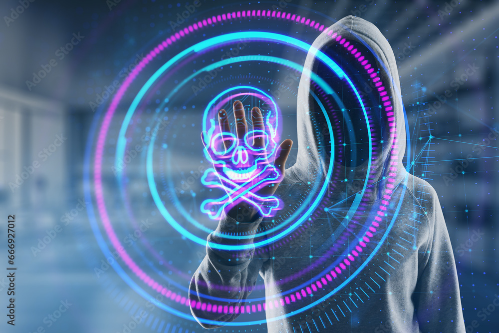Poster hacker in hoodie using creative digital round skull hologram on blurry office interior background. h