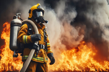 Fototapeta premium Fireman wearing firefighter turnouts and helmet. Firefighter safety disaster accident and public service concept.