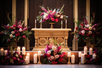 Fototapeta na wymiar a beautifully decorated altar with flowers and lit candles