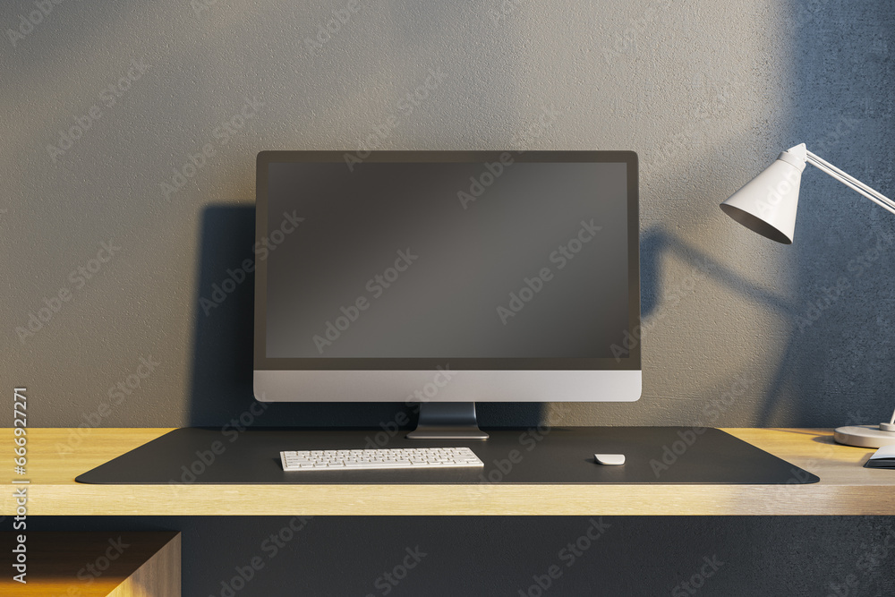 Aufkleber Close up of contemporary workplace with empty mock up computer monitor and lamp. 3D Rendering.