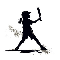 The black silhouette of a girl cricket player hitting the ball with a cricket bat and catching the ball with the cricket bat in mid-air