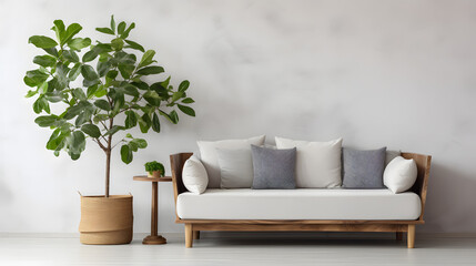 Wooden rustic sofa with white cushions and potted tree against wall with copy space. Scandinavian...