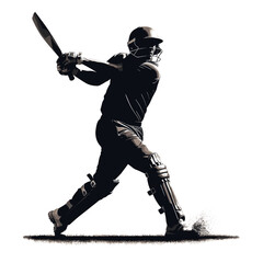 The black silhouette of a male cricket player hitting the ball with a cricket bat and catching the ball with the cricket bat in mid-air