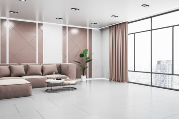 Contemporary tile living room interior with sofa, panoramic window, city view and curtain, coffee table and decorative plants. 3D Rendering.