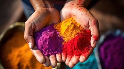 Two hands holding Holi color powder, Holi 2024, India Hindu festival celebrating Radha and Krishna
