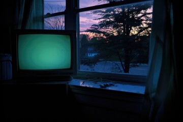a turned-off tv reflecting the twilight through a window