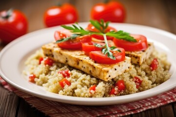 grilled tofu served with quinoa and tomatoes